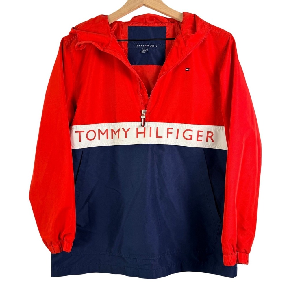 Tommy Hilfiger Boys Red Navy Colorblock Hooded Windbreaker Jacket Large 16/18‎